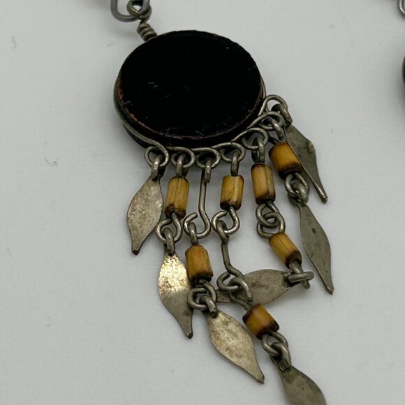 Vintage Southwestern Dangle Earrings Hand Painted Tribal Boho Geometric Fringe - Picture 9 of 13